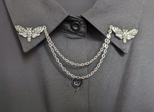 Silver skull moth collar pin