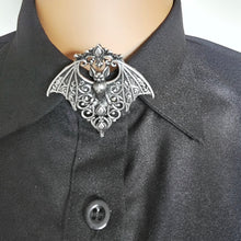 Load image into Gallery viewer, Mannequin wearing a black shirt with a decorative silver bat-shaped button cover on the button on the collar.