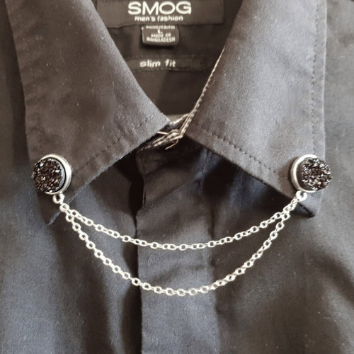 Black druzy collar pin - silver